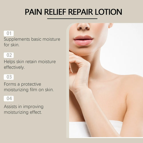 Pain relief repair lotion marketing layout with person applying product to neck and shoulder