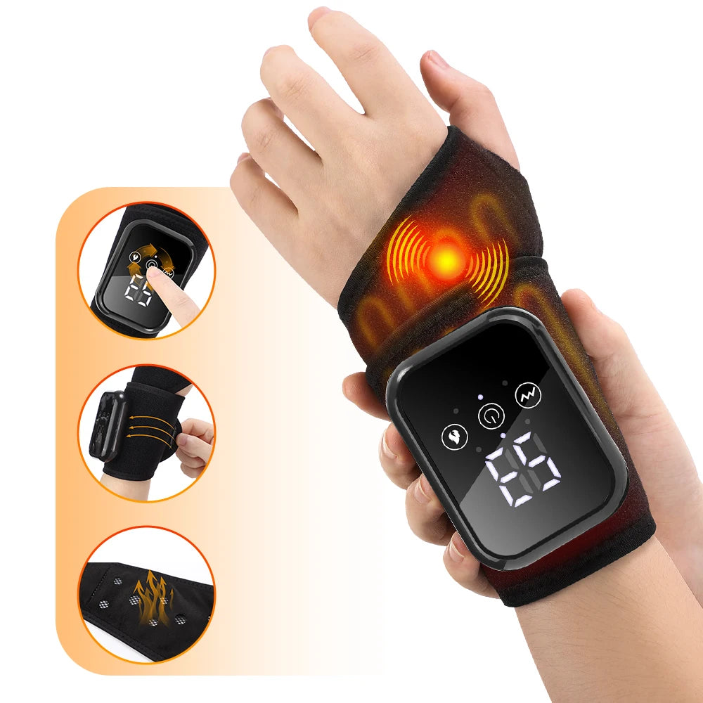 Heated wrist massager brace in black fabric with glowing infrared heat and control panel