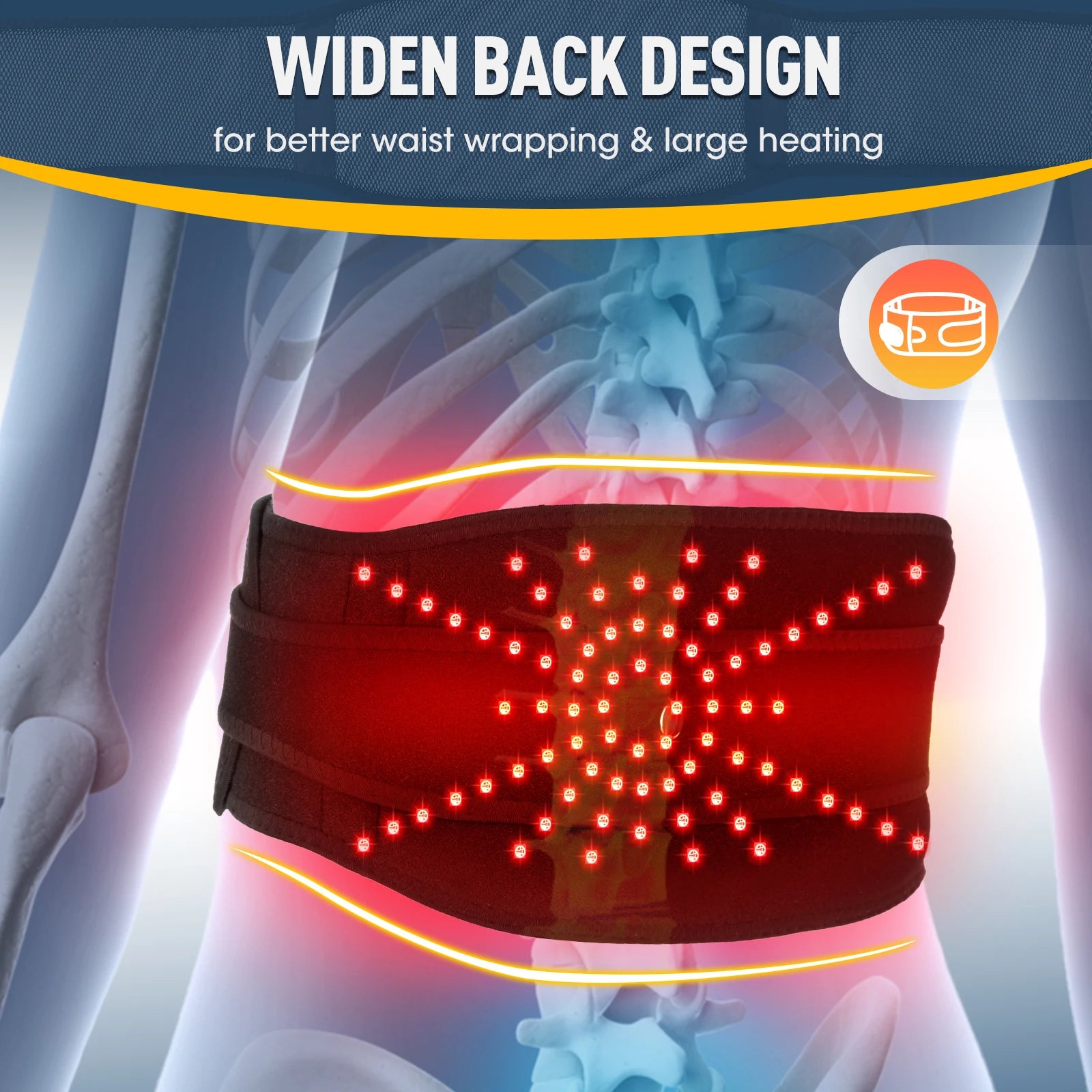 Infrared waist heating massager belt with bright red LED panel on curved design