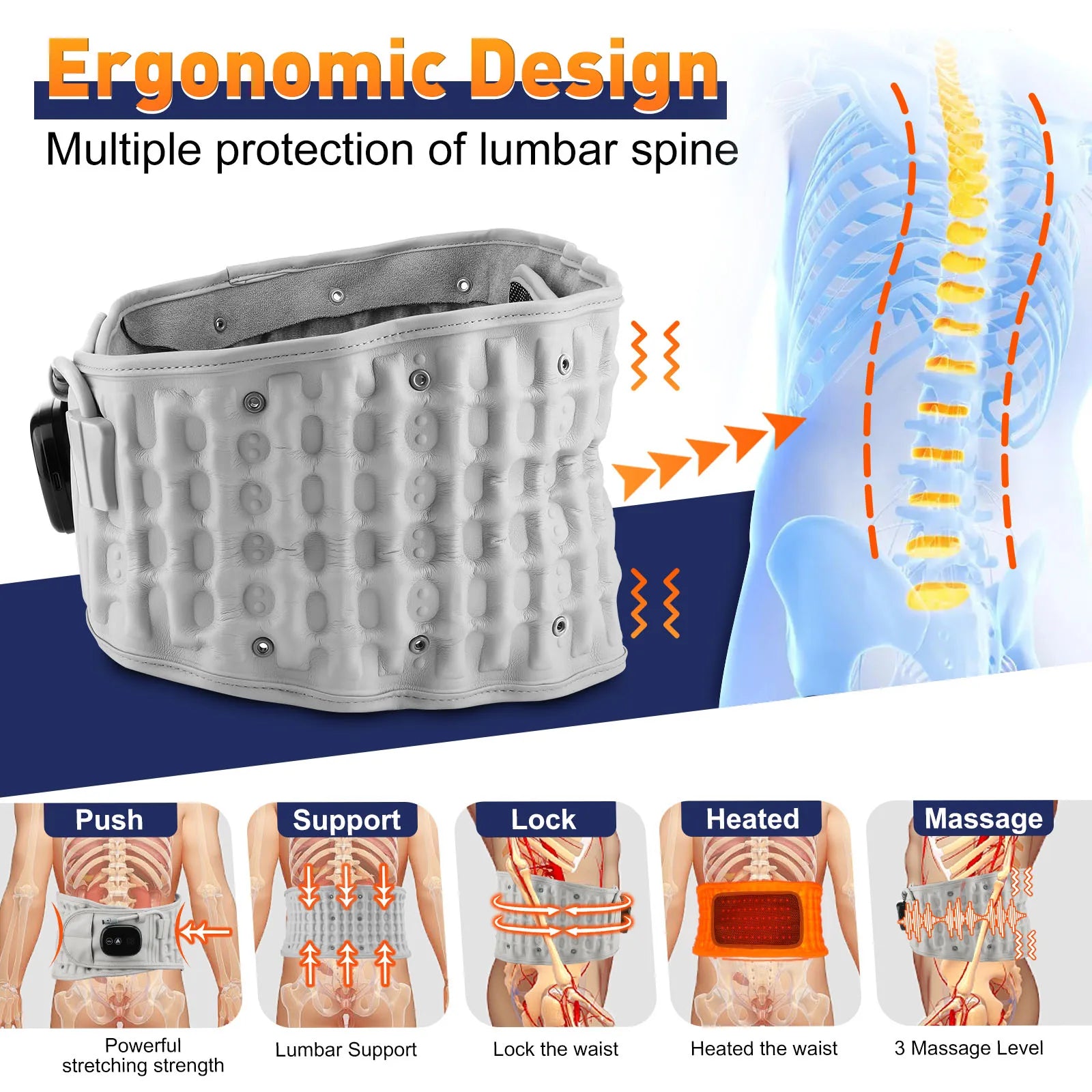 Ergonomic white lumbar heating massager belt with red LED panel