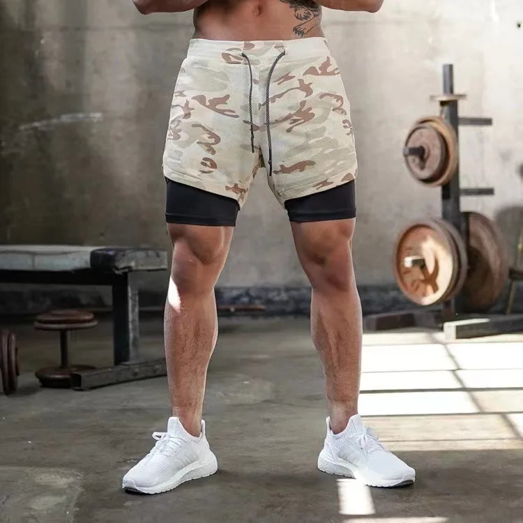 Men's Multi-Pocket Double-Layer Shorts Fitness Leisure Beach Sports Lined Tight Shorts Daily Mesh Camouflage Running Quick Dry