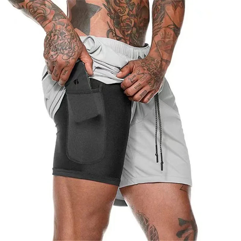 Men's Multi-Pocket Double-Layer Shorts Fitness Leisure Beach Sports Lined Tight Shorts Daily Mesh Camouflage Running Quick Dry