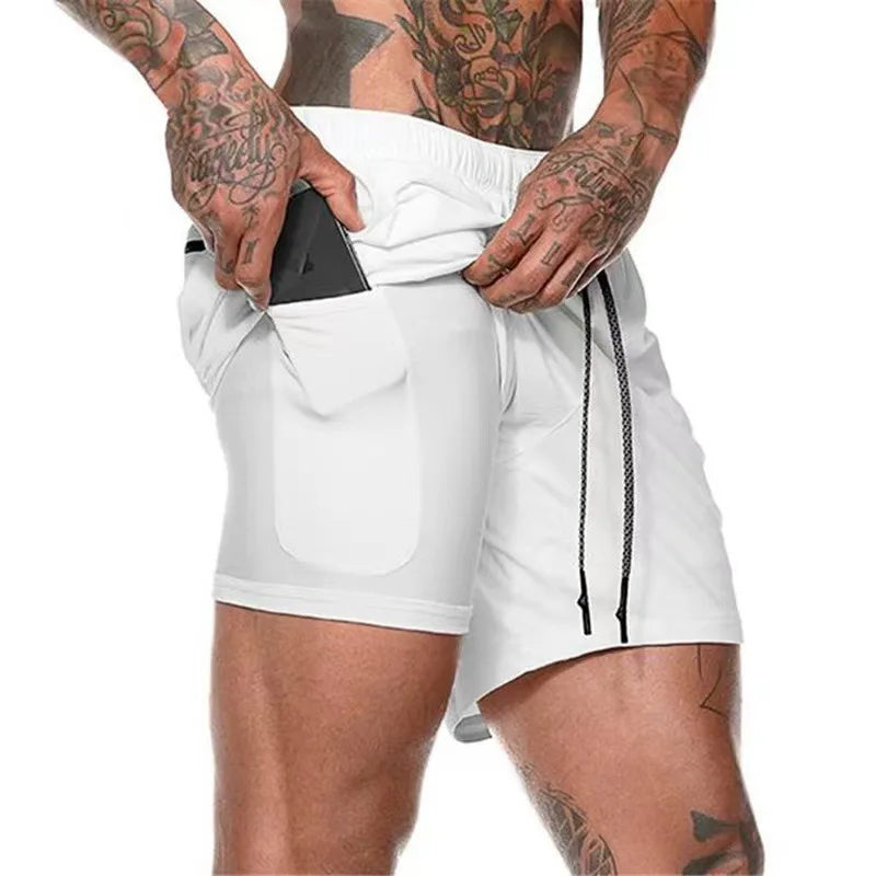 Men's Multi-Pocket Double-Layer Shorts Fitness Leisure Beach Sports Lined Tight Shorts Daily Mesh Camouflage Running Quick Dry