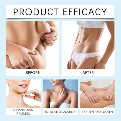 Body care product marketing panel showing undergarment model before and after use.