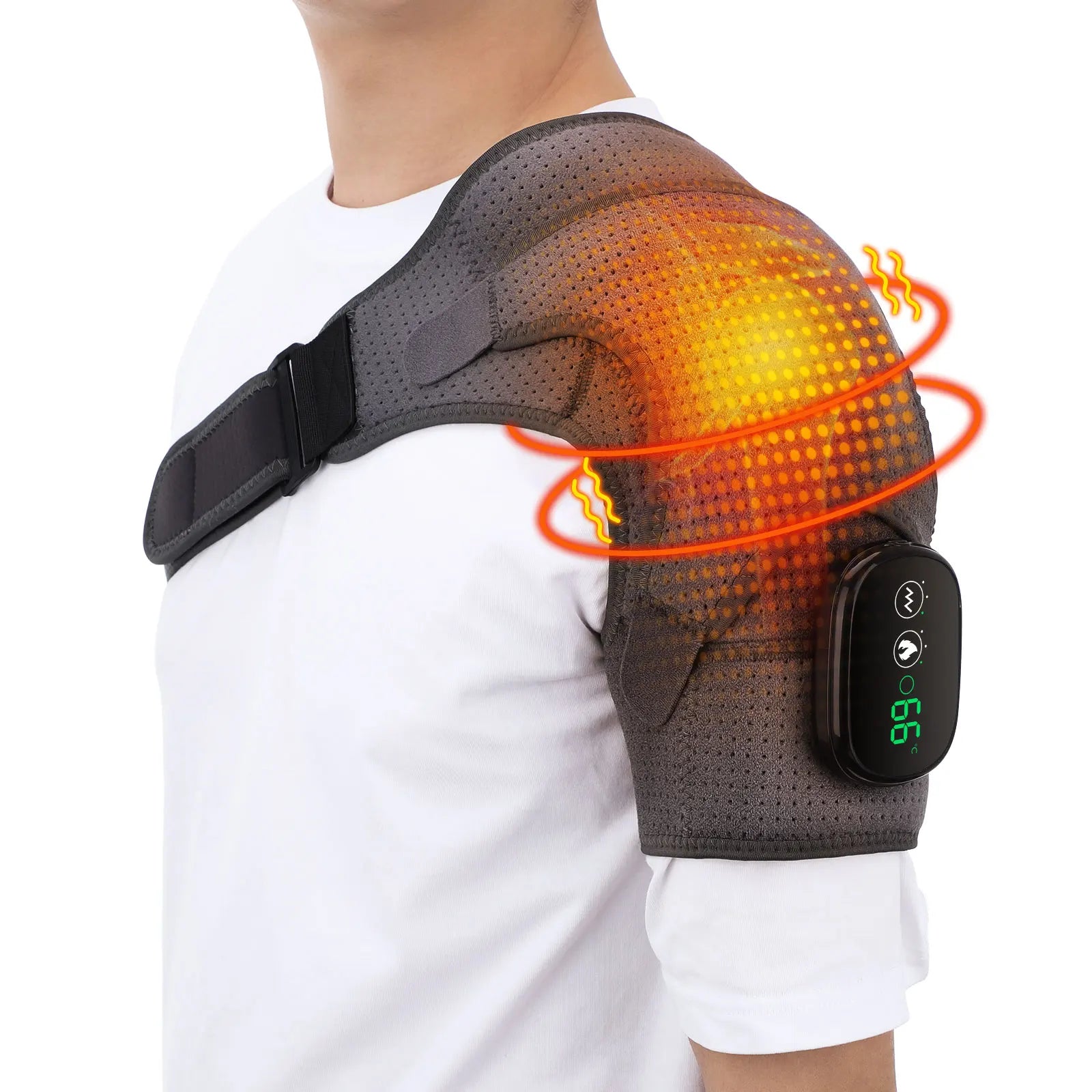 Side view dark gray heated shoulder massager brace with orange heat band and control module