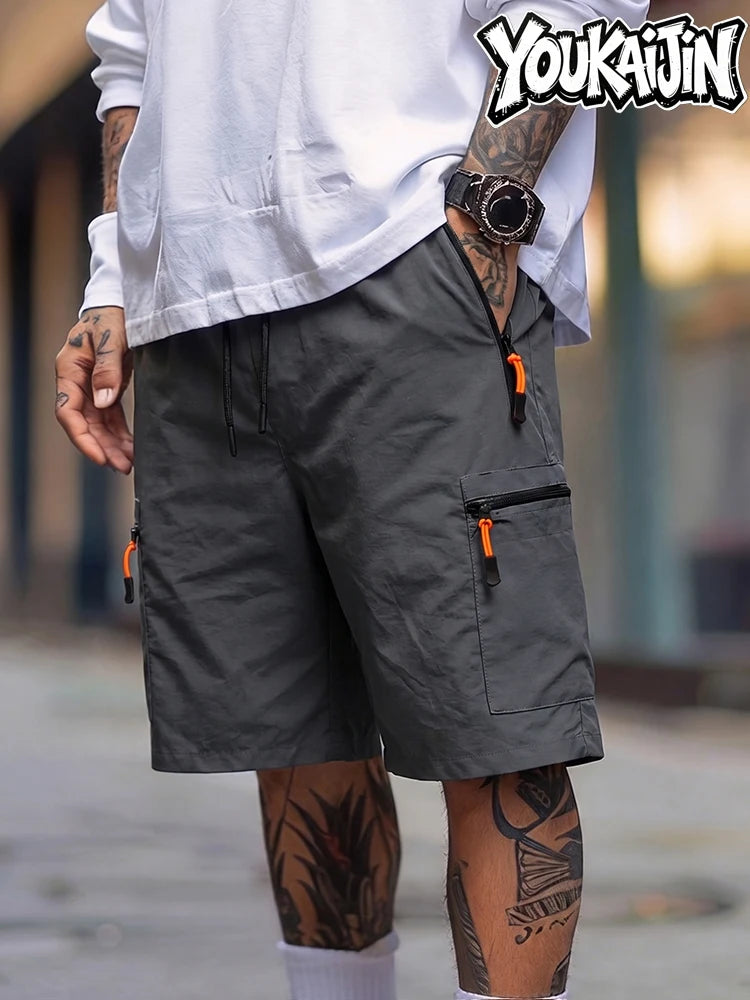 Men's Summer Quick Dry Cargo Shorts Thin Lightweight Elastic Waist with Drawstring Zipper Pockets Outdoor Hiking