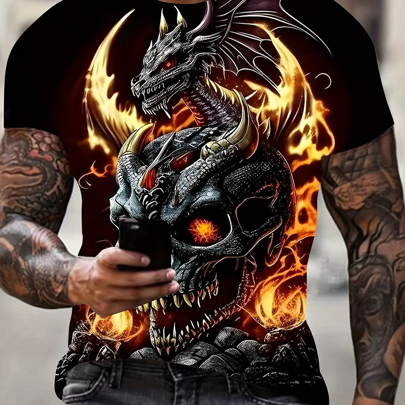Mens Dragon Print Cotton Blend T-shirt - Stylish Crew Neck Comfortable & Breathable for Summer