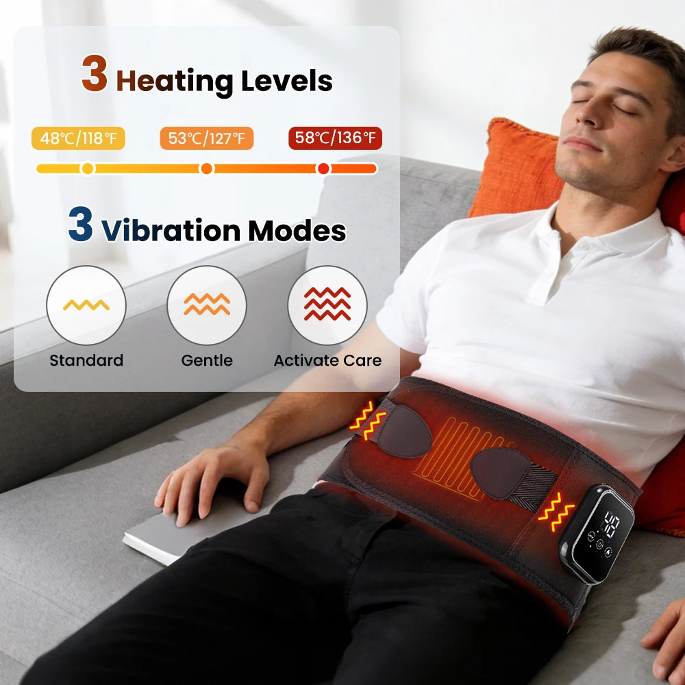 Infrared heating waist massager belt on a person lying down, red heating glow visible