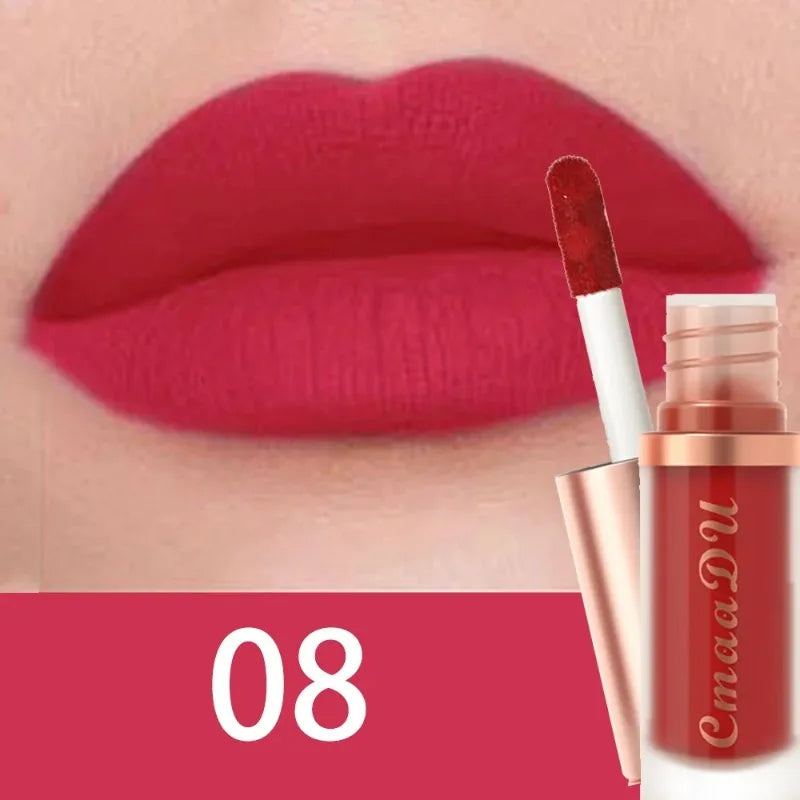 Matte velvet liquid lip glaze (shade 08), bright red applicator wand and bottle