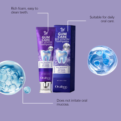Purple fluoride-free bee venom toothpaste tube and box with tooth graphic, front view