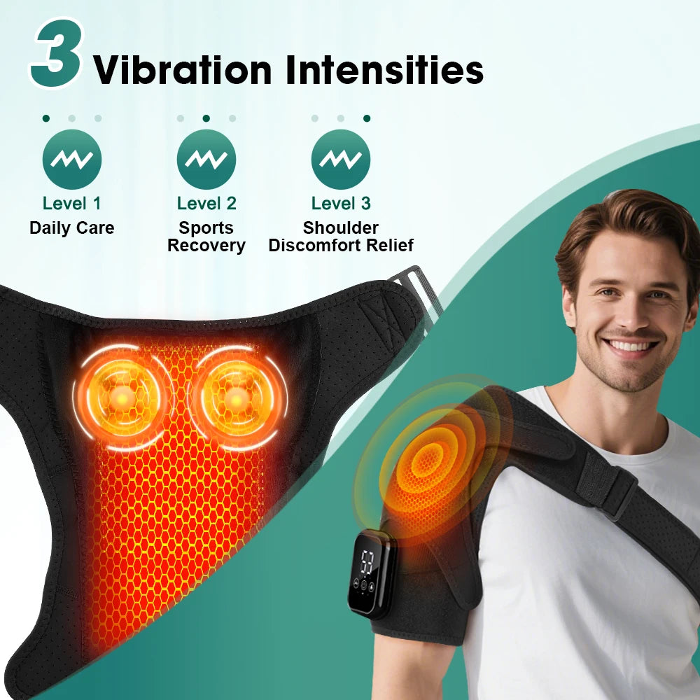 Black heated shoulder massager brace with infrared heating pads and control module attached