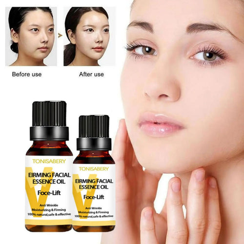 Two firming facial essence oil dropper bottles, amber glass with black caps