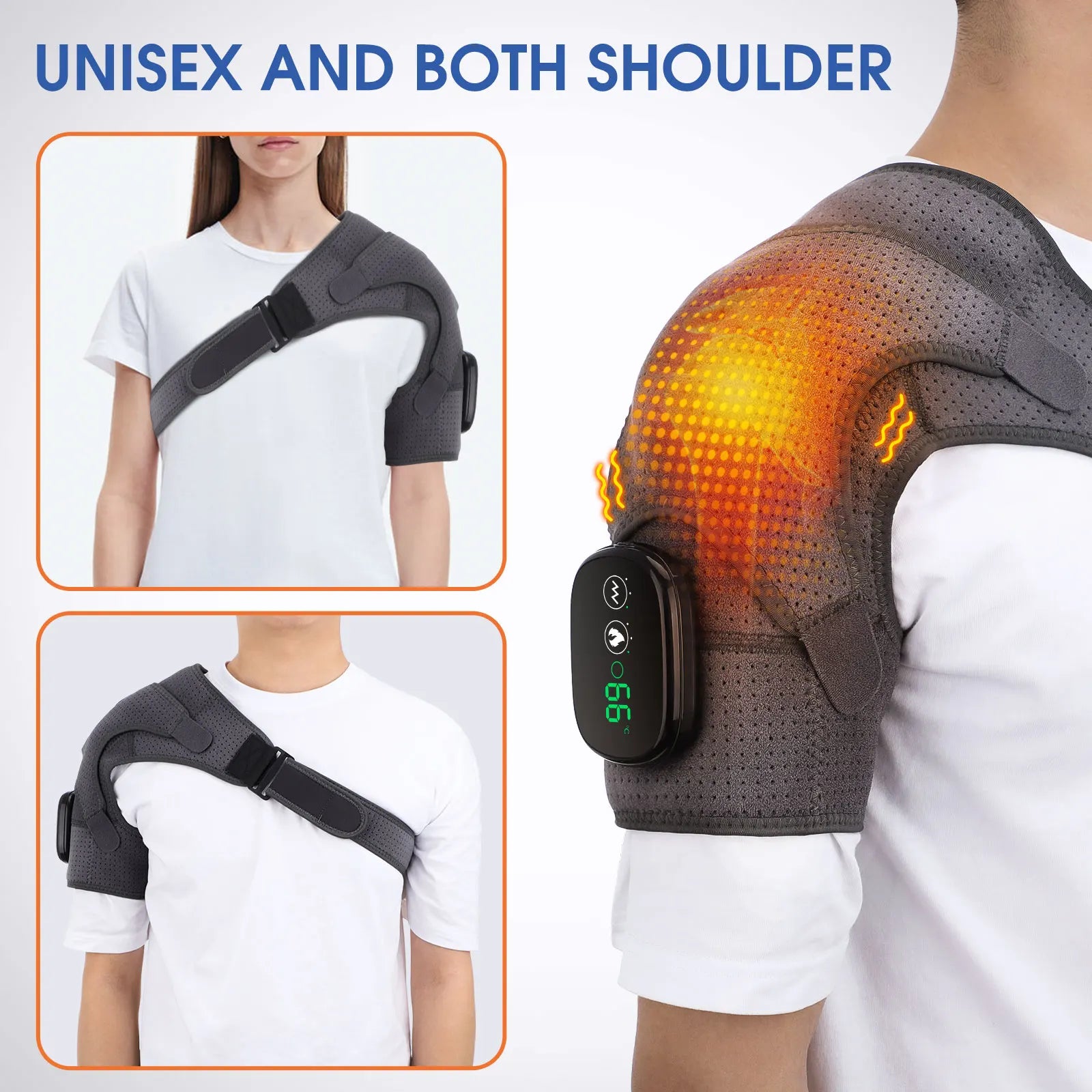 Dark gray heated shoulder massager brace worn on the shoulder with control module