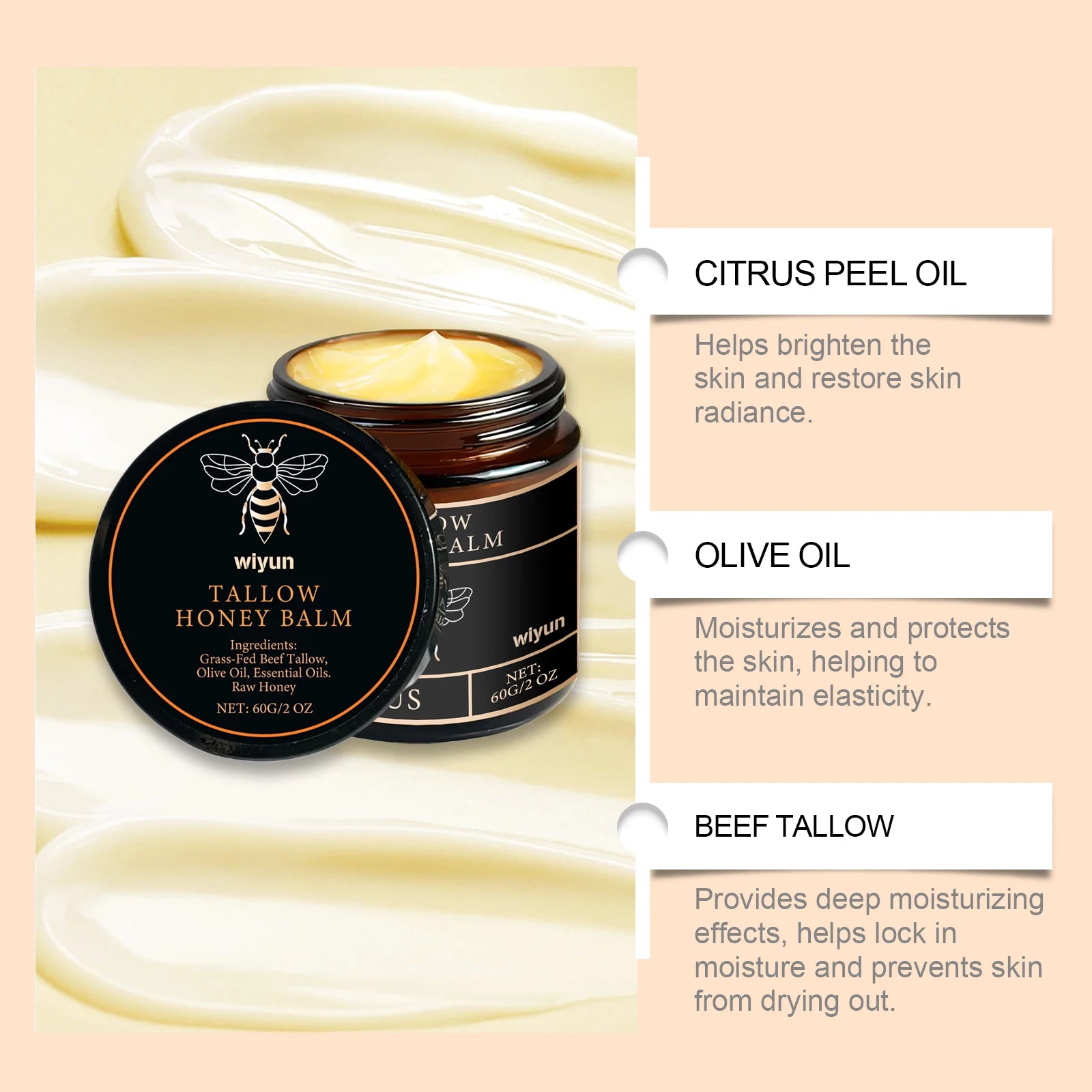 Beef Tallow Honey Moisturizer  Whipped Tallow Face Cream Body Lotion Non Greasy Nourishing Fast Absorption Skin Care