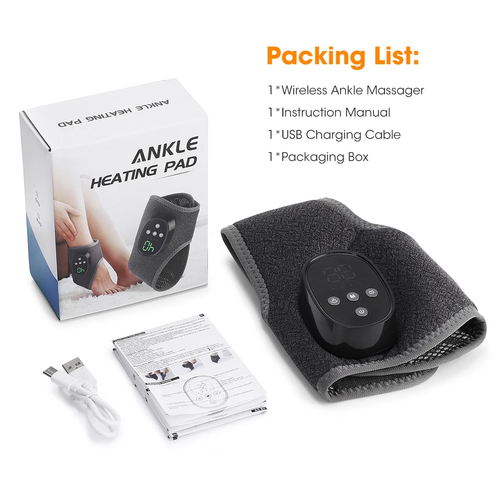 Dark gray heated ankle massager pad with wireless controller, box and accessories shown.