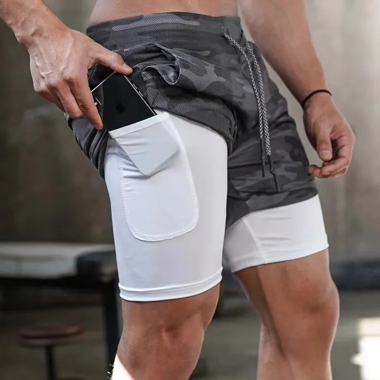 Men's Multi-Pocket Double-Layer Shorts Fitness Leisure Beach Sports Lined Tight Shorts Daily Mesh Camouflage Running Quick Dry