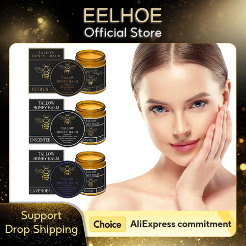 Tallow honey balm product jars with gold lids, shown in multiple scent options