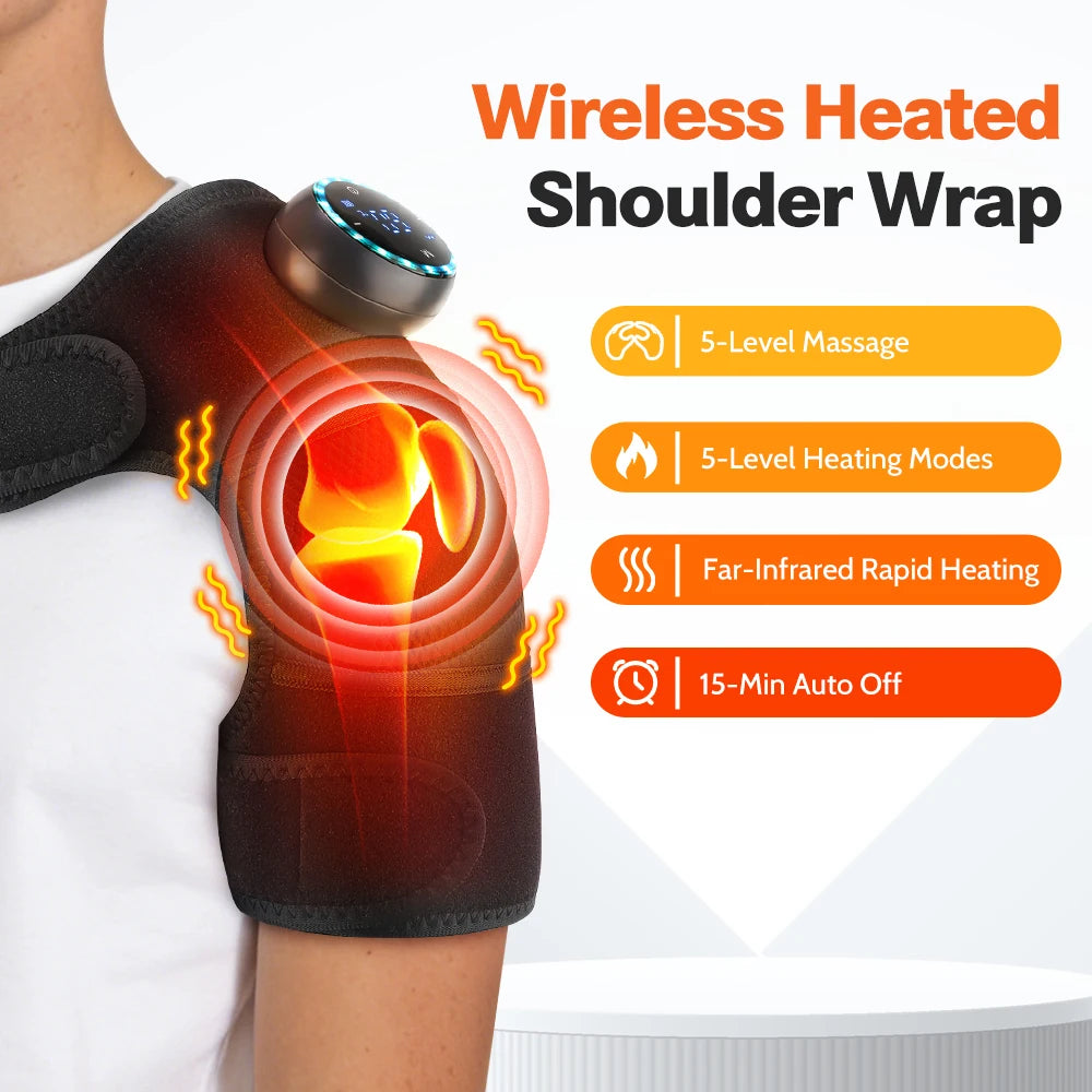 Black wireless heated shoulder wrap with far-infrared heating pads and control module on chest