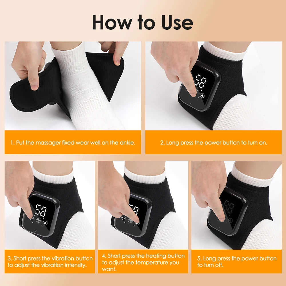 Heated ankle brace shown step-by-step: pull on and press button controls