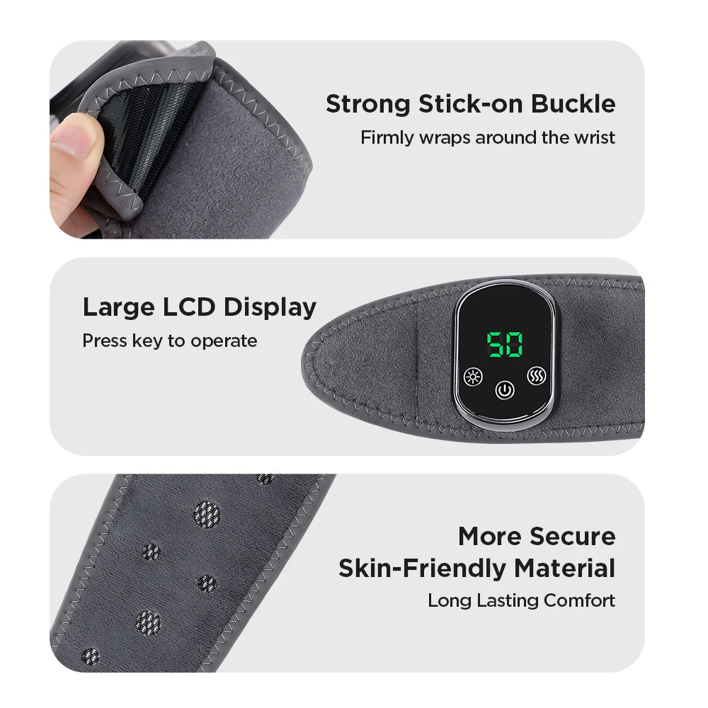Heated wrist brace close-up with stick-on buckle, large LCD, and textured fabric