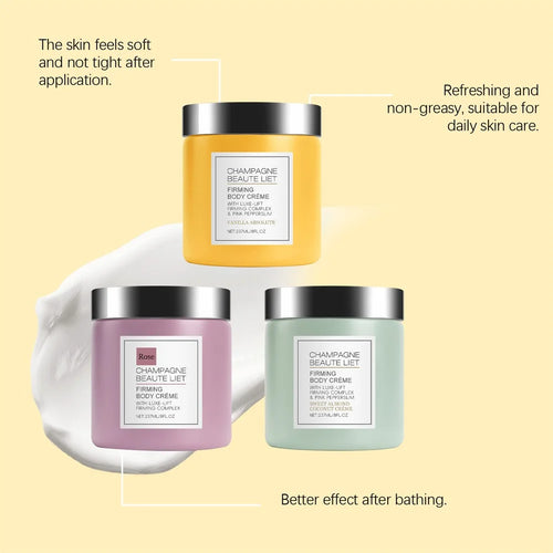 Firming body cream jar with silver lid, yellow body, front label card