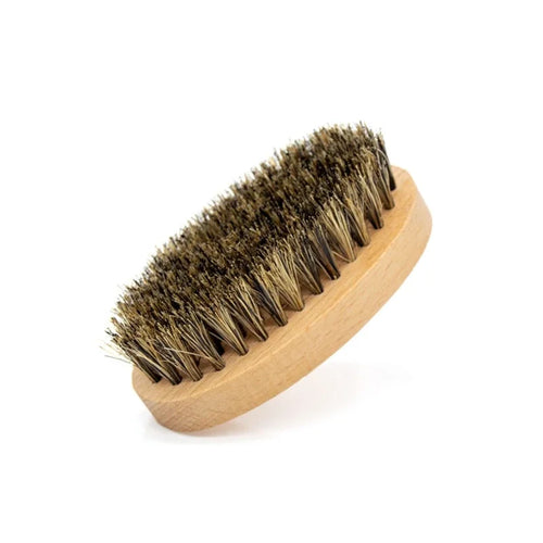 Oval wooden beard brush with soft boar bristles, curved head and handle
