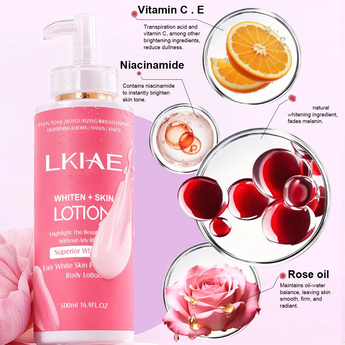 Whitening Body Lotion, Moisturizing, Smooth Skin, Reduce Dark Spots, With Rose Essential Oil, Niacinamide, 500ml
