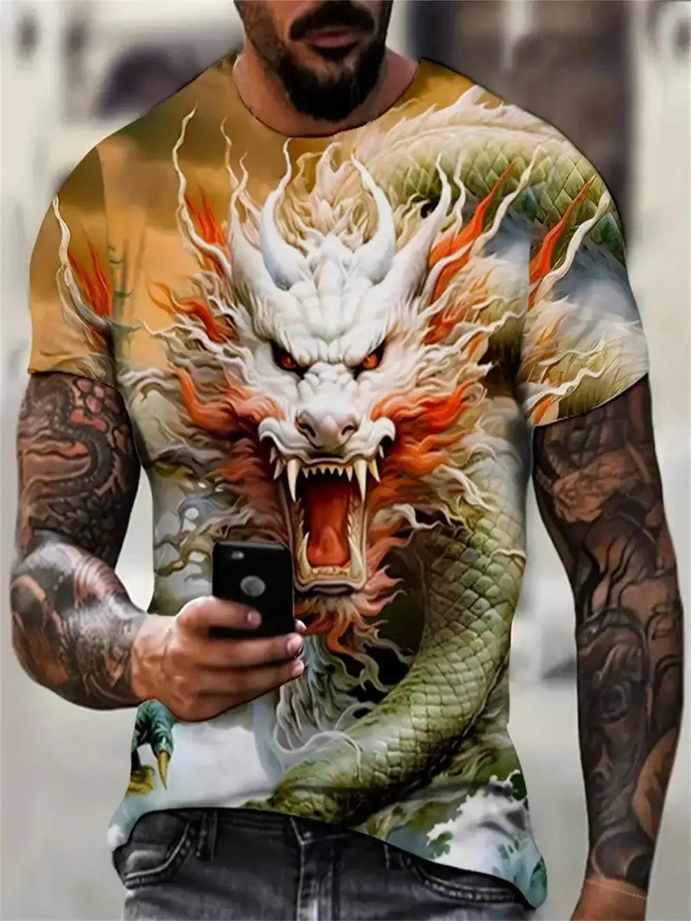Mens Dragon Print Cotton Blend T-shirt - Stylish Crew Neck Comfortable & Breathable for Summer