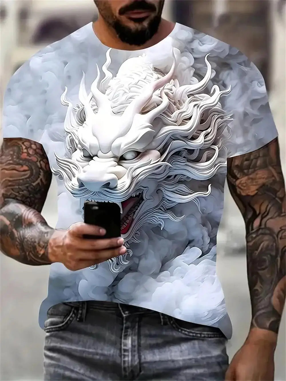 Mens Dragon Print Cotton Blend T-shirt - Stylish Crew Neck Comfortable & Breathable for Summer