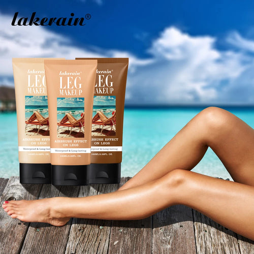 Tan leg makeup lotion tubes with airbrush effect, shown with model legs for even bronze coverage