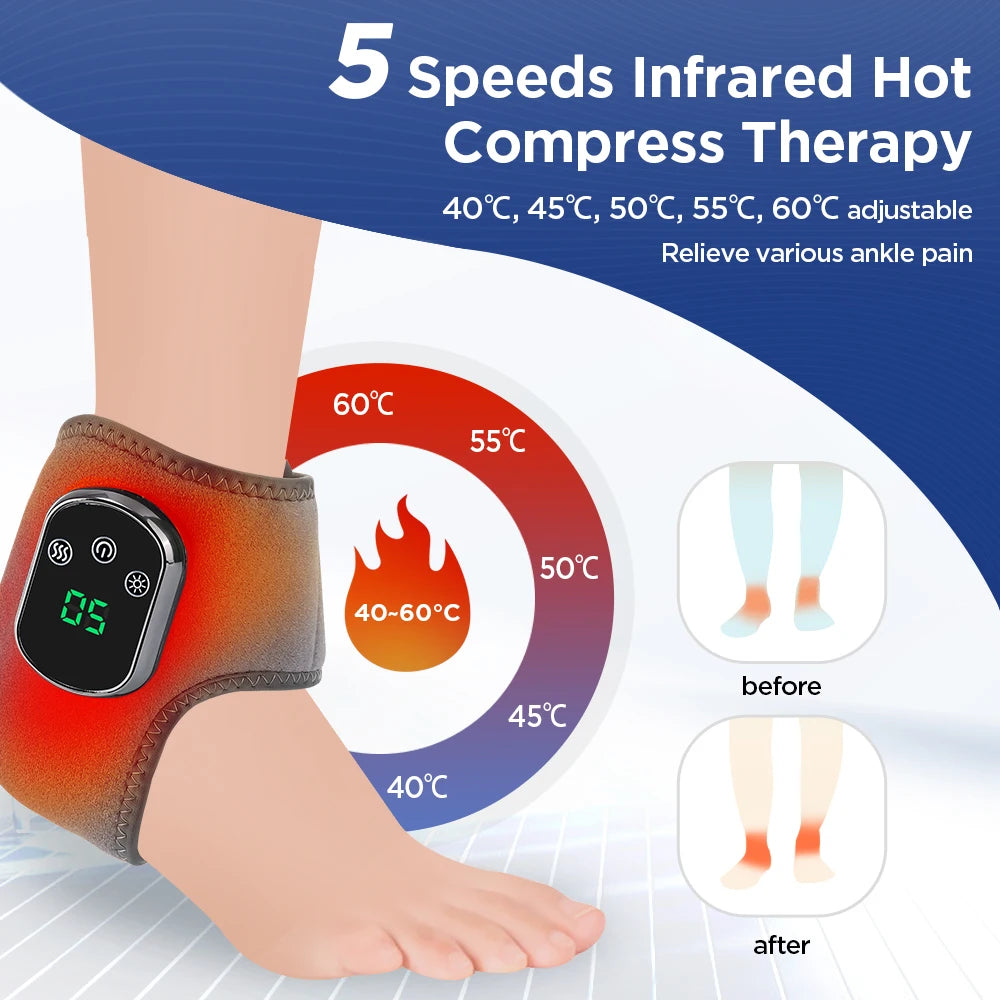 Heated ankle massager brace with glowing heat on gray strap and black pod