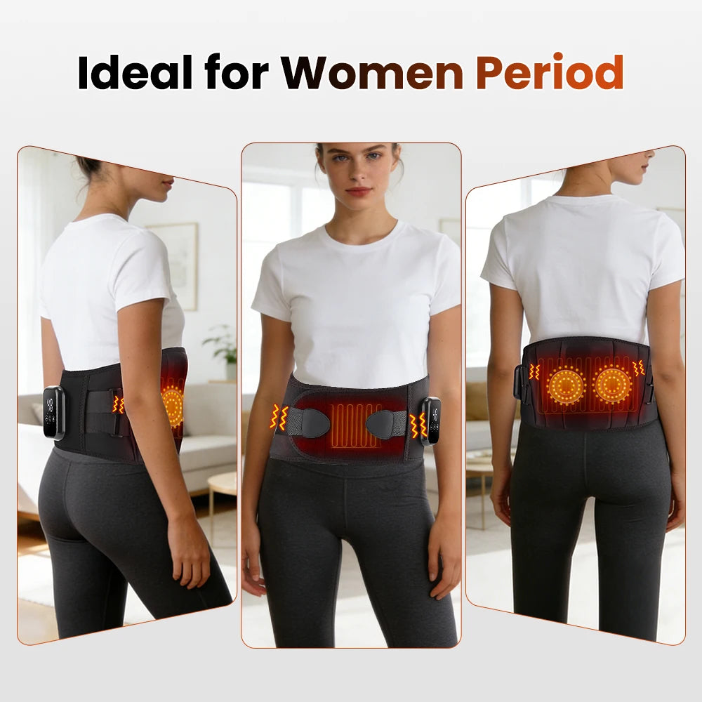 Infrared heating waist massager belt worn by women, red heater panel glowing