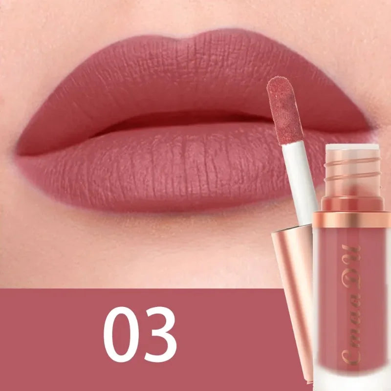 Matte velvet liquid lip glaze (shade 03), mauve applicator wand and bottle