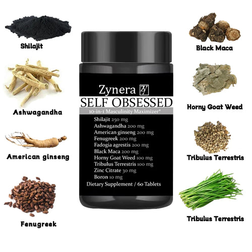 Black supplement bottle with Zynera SELF OBSESSED label and ingredient icons