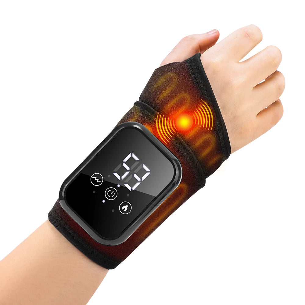 Heated wrist massager brace with glowing control module on dark fabric strap