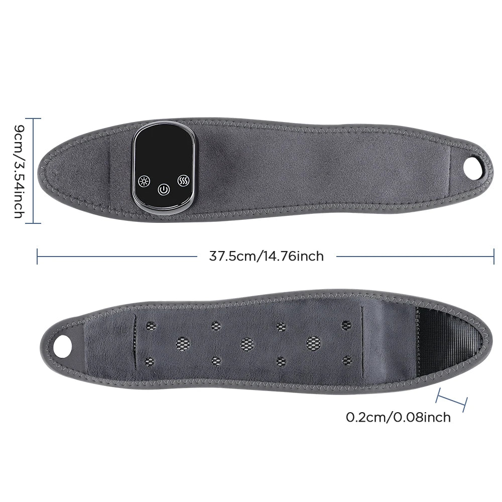 Heated massager brace sizing view with gray strap and black control panel