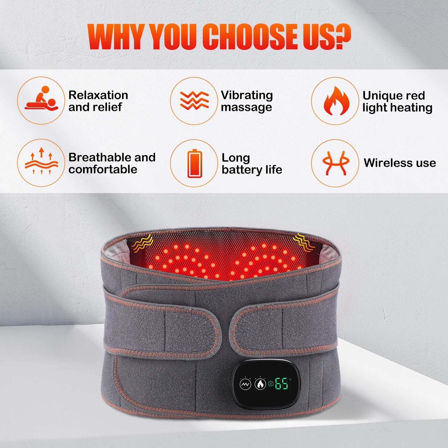 Gray waist massager belt with red light array and round control screen