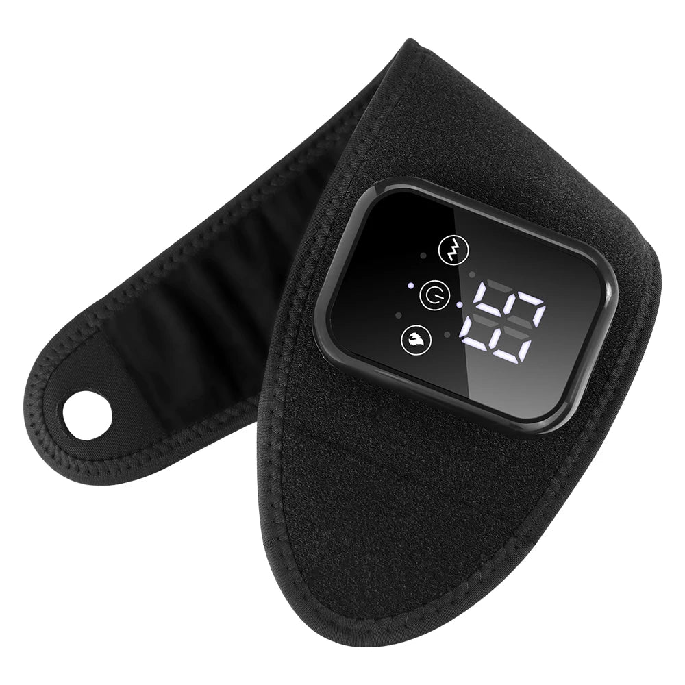 Heated massager strap with control unit and glowing LCD on black fabric