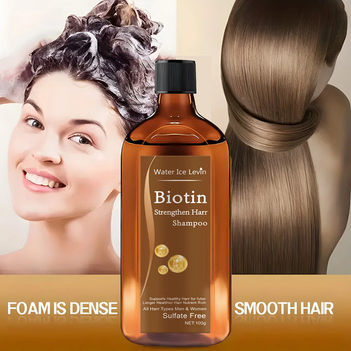 Biotin Strengthen Hair shampoo bottle, amber with black cap and gold seal details