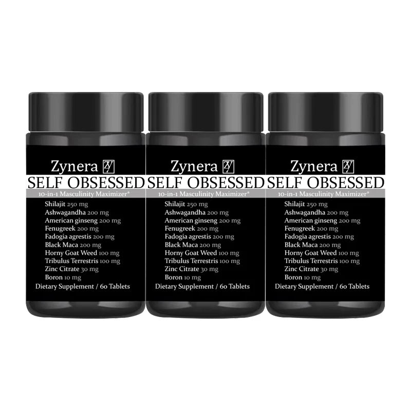 Three black supplement bottles with Zynera SELF OBSESSED labels