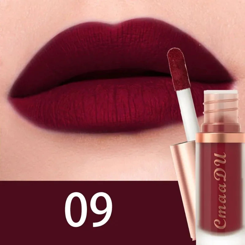 Matte velvet lip glaze liquid lipstick in dark plum, applicator and tube with lips, shade 09