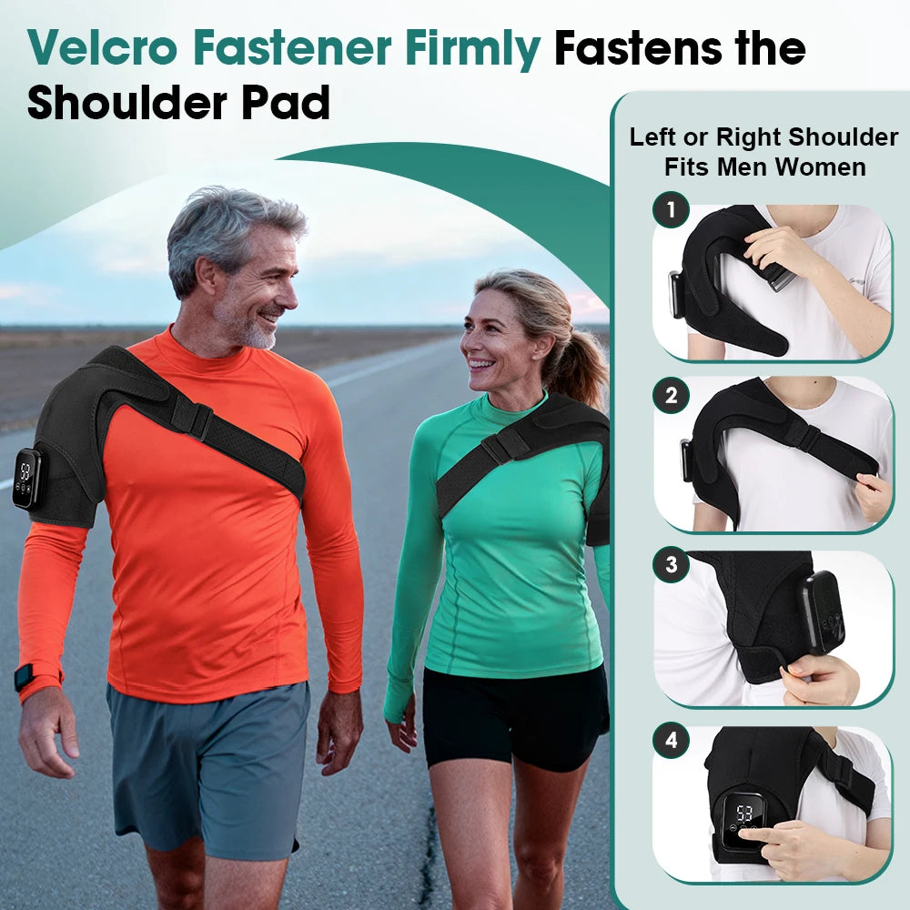 Black shoulder massager brace with adjustable Velcro fastener and control module pocket