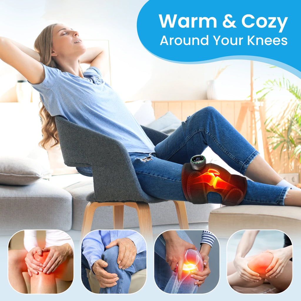 Heated massager brace for knee area with glowing heat panel and wireless control