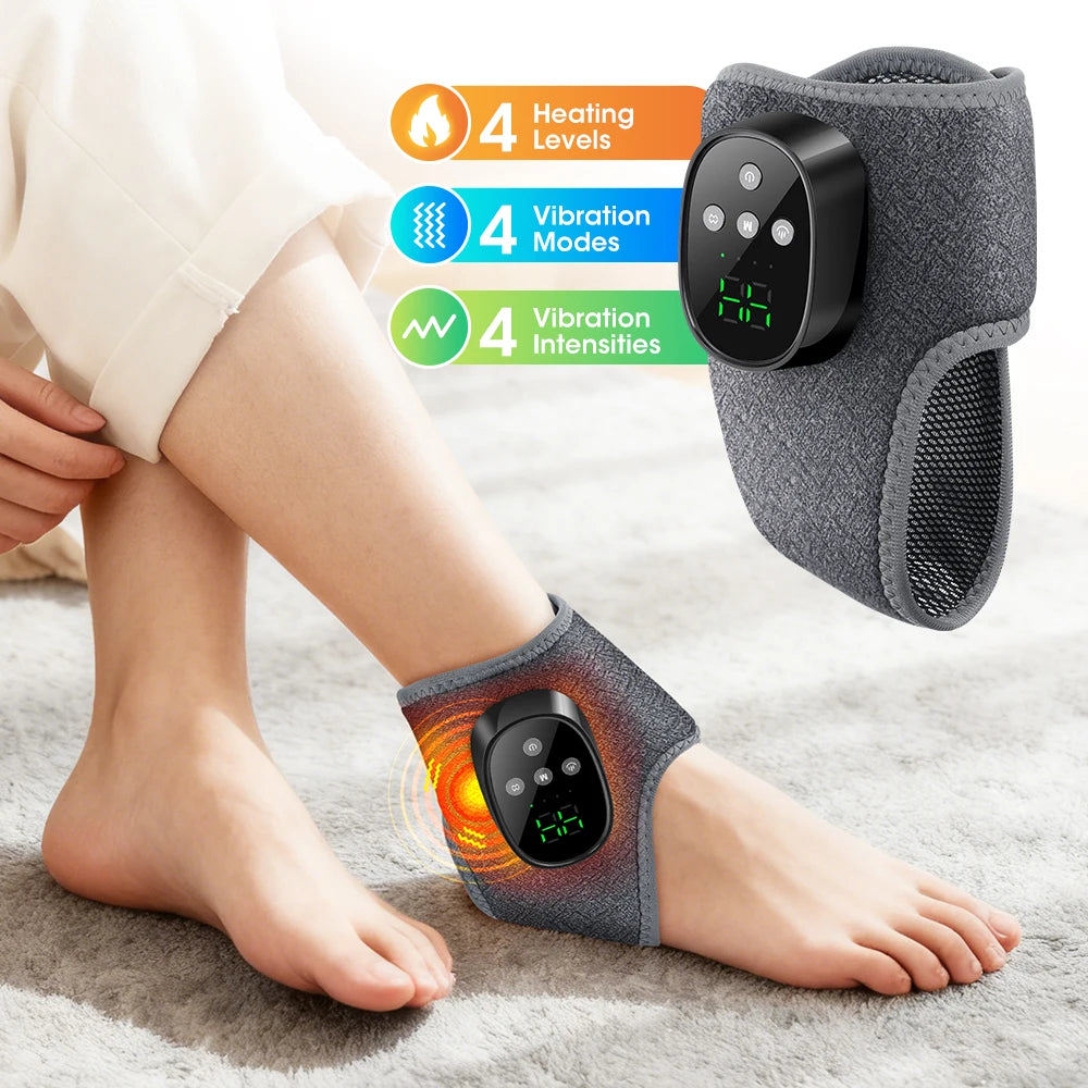 Dark gray heated ankle brace with handheld control unit showing green indicator lights