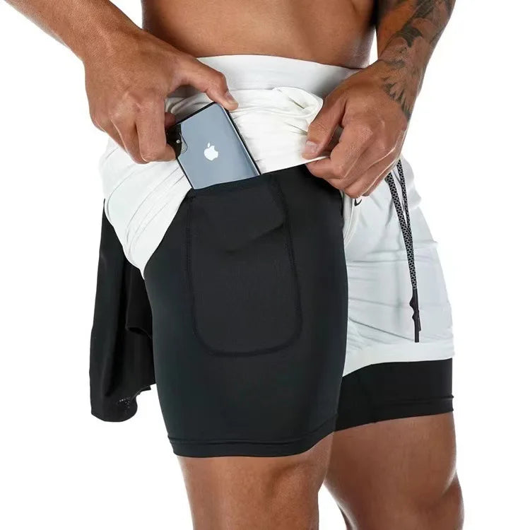 Men's Multi-Pocket Double-Layer Shorts Fitness Leisure Beach Sports Lined Tight Shorts Daily Mesh Camouflage Running Quick Dry