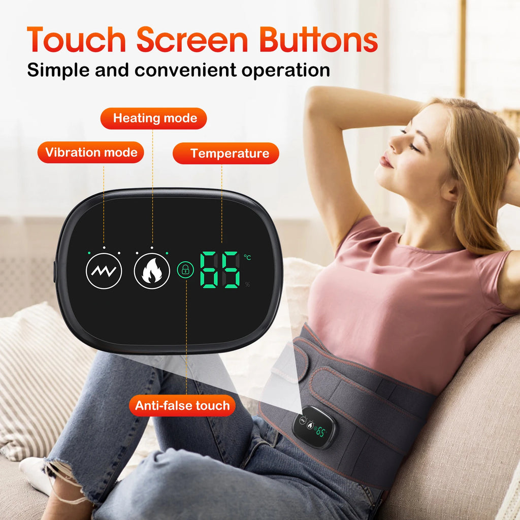 Black touch control module on gray waist massager belt with illuminated settings