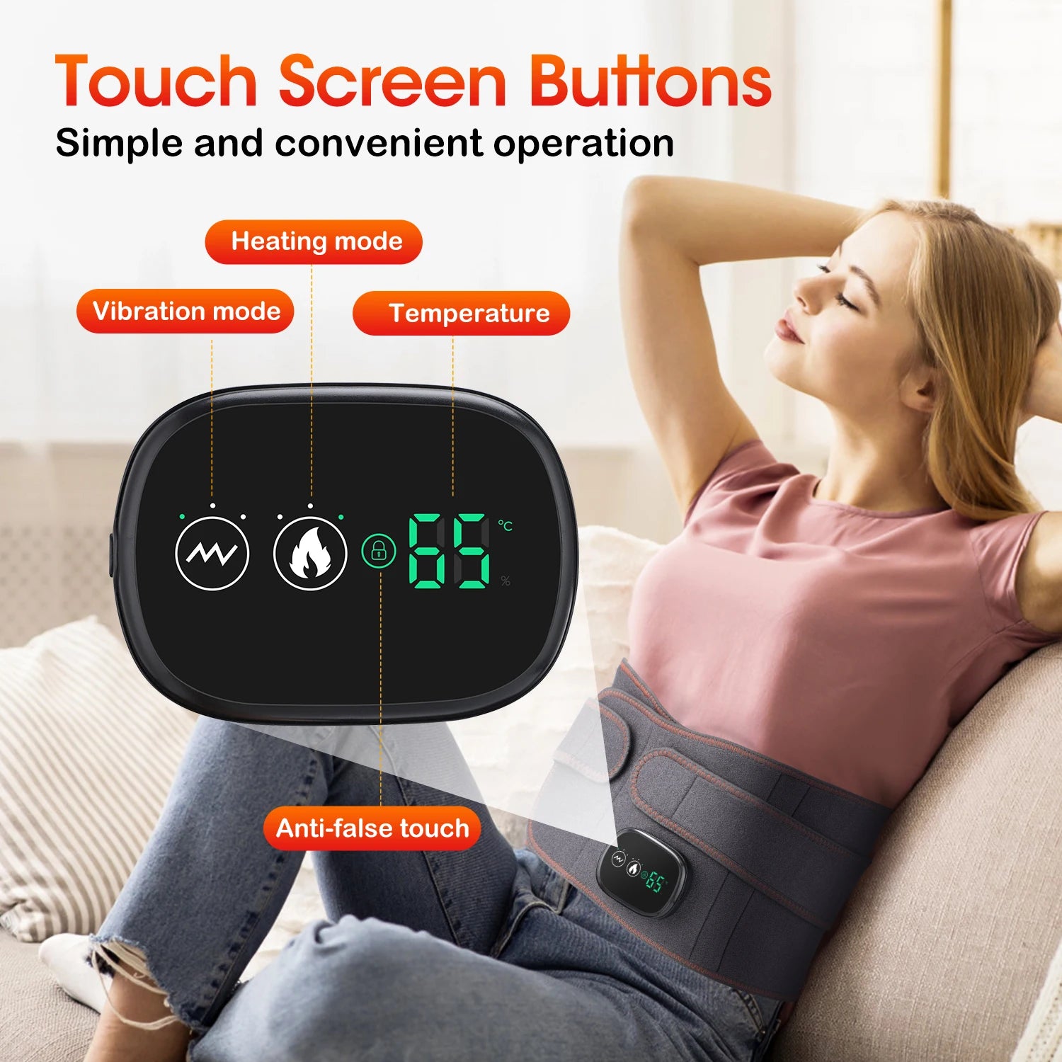 Black touch control module on gray waist massager belt with illuminated settings