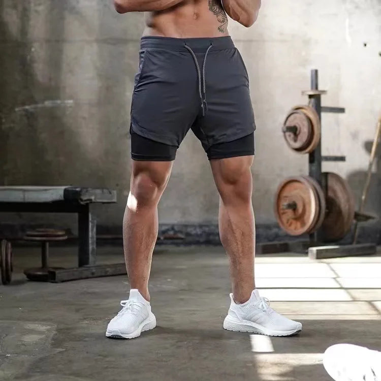 Men's Multi-Pocket Double-Layer Shorts Fitness Leisure Beach Sports Lined Tight Shorts Daily Mesh Camouflage Running Quick Dry