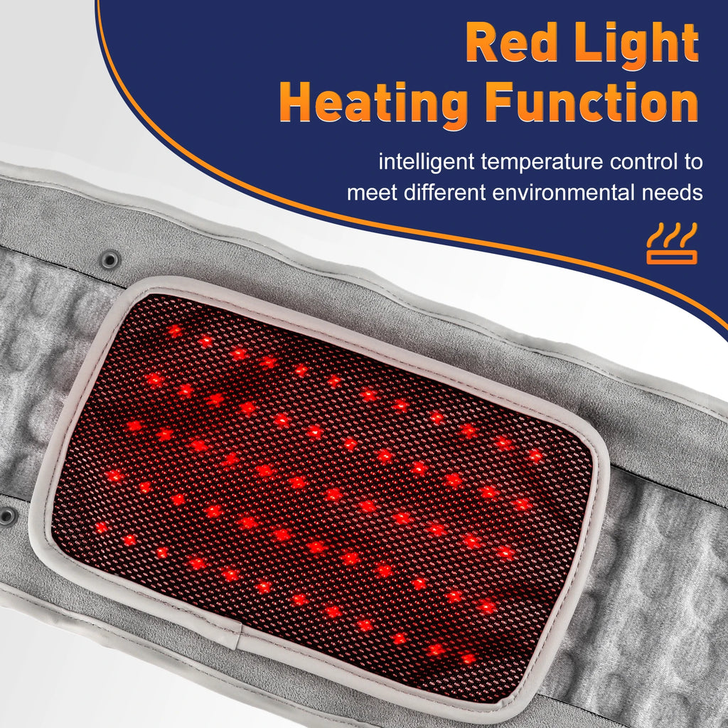 Close-up of red LED heating pad inside gray waist heating massager belt