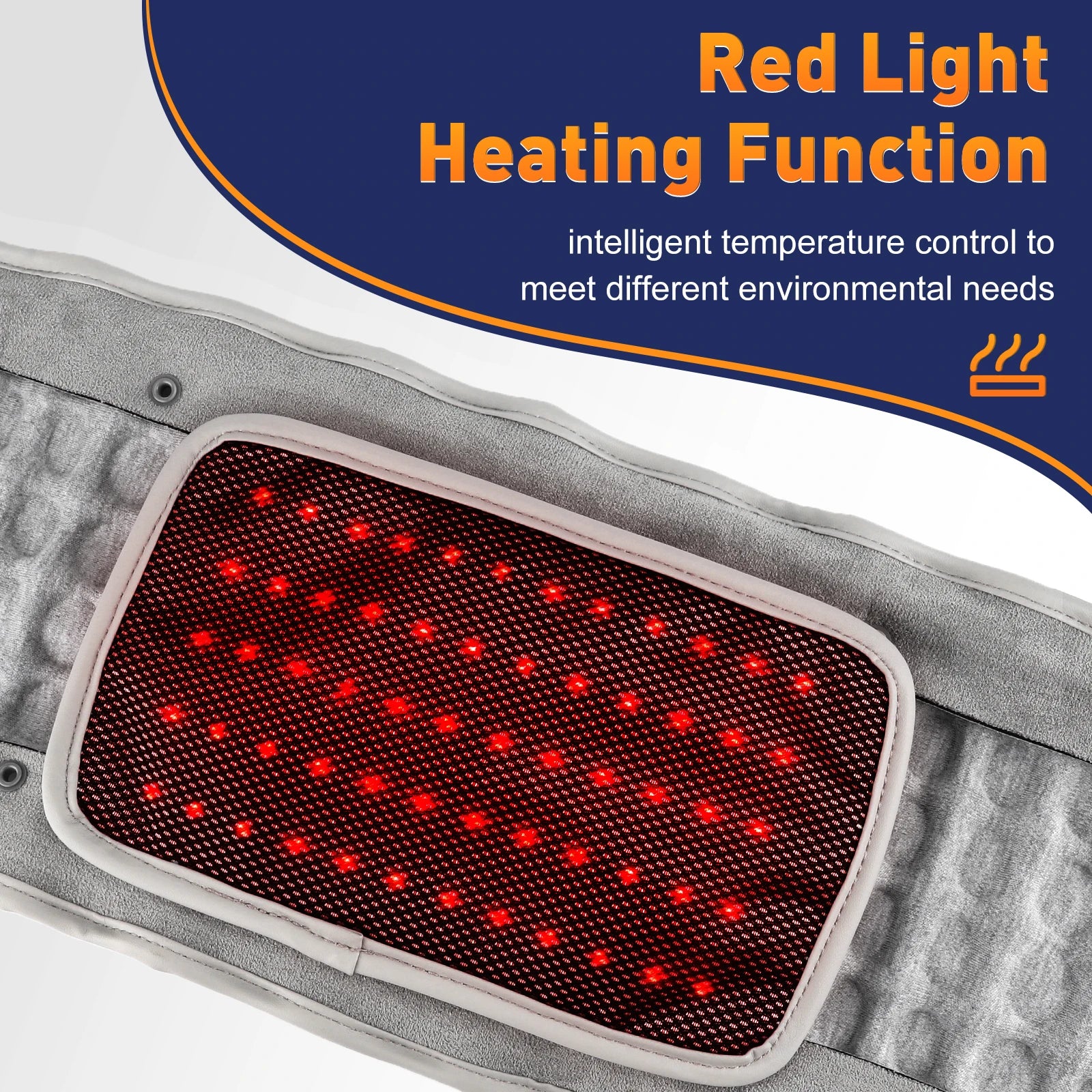 Close-up of red LED heating pad inside gray waist heating massager belt